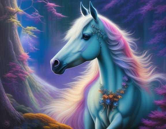 Enchanted Unicorn in a Whimsical Forest Painting