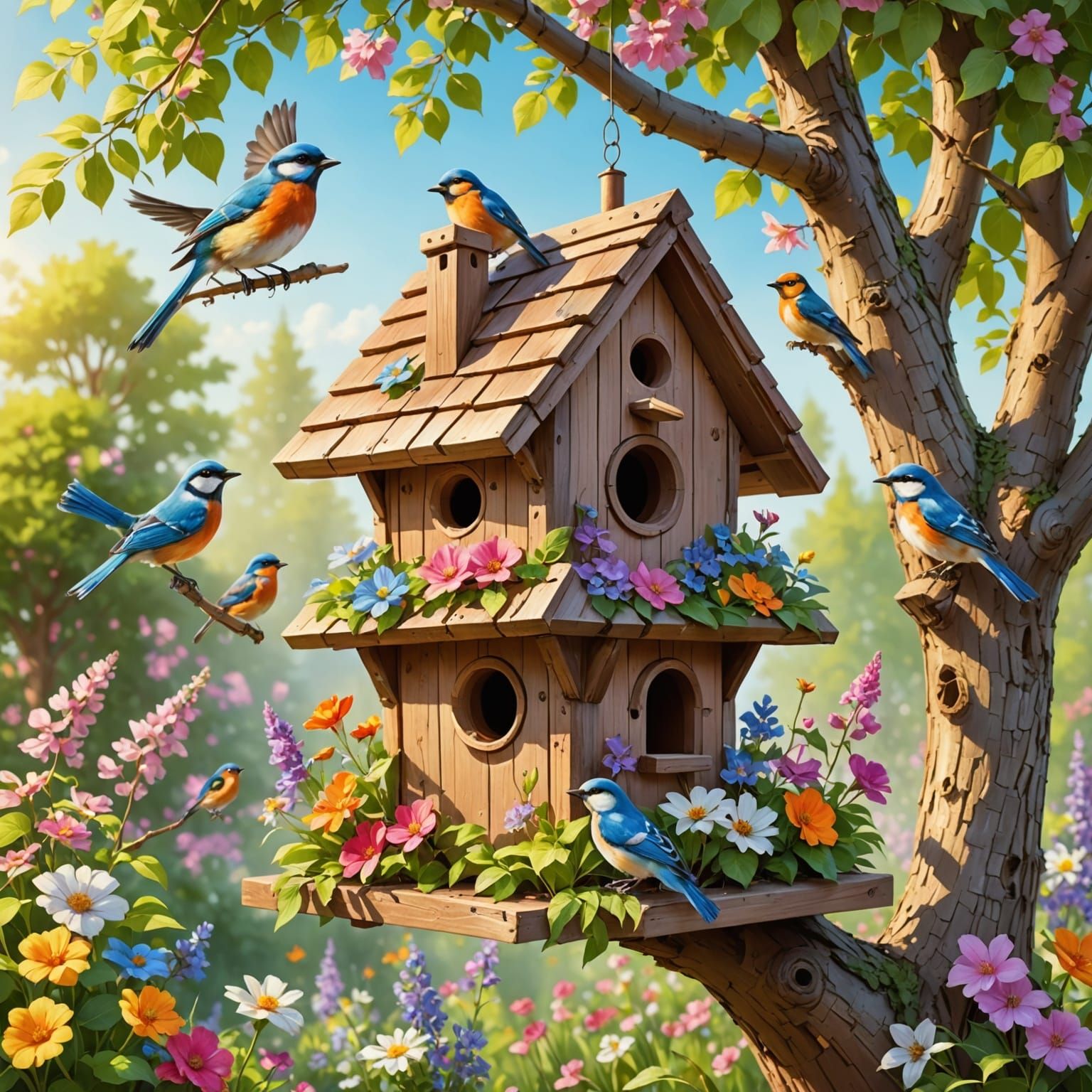 Charming Birdhouse in Garden with Colorful Birds