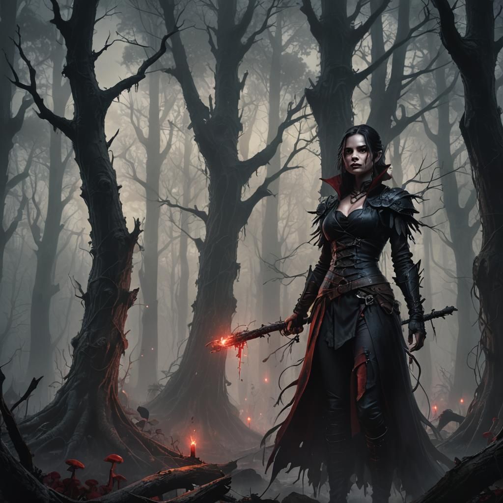 Vampire Assassin in Misty Forest: Dark Fantasy Art