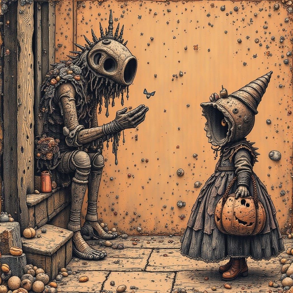 Child Princess Meets Halloween Creature on Porch