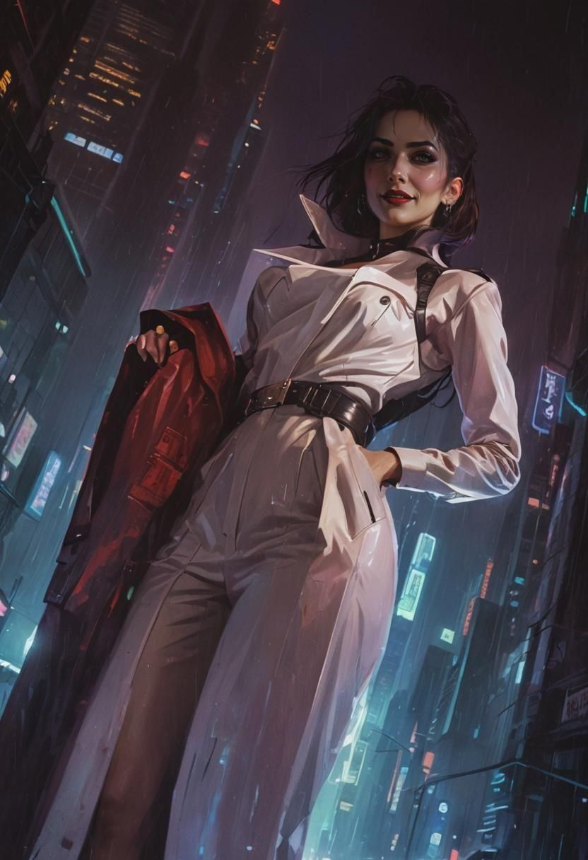 Cyberpunk Femme Fatale in Neon Cityscape