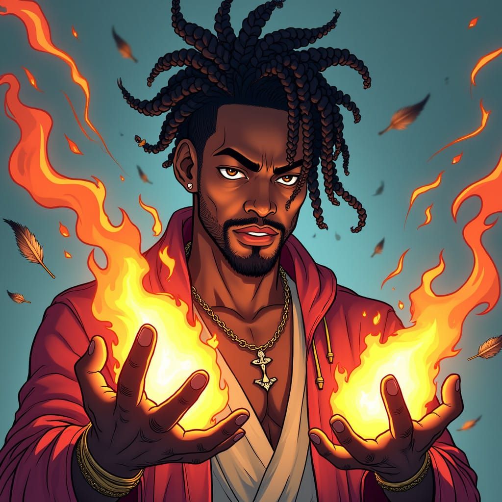 African American Wizard with Frohawk Conjures Fire