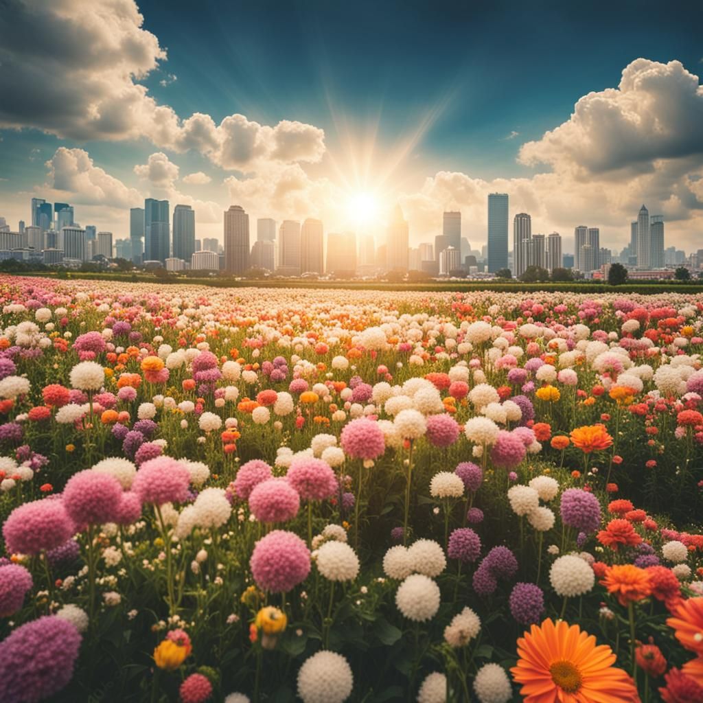 Cityscape with Flower Fields in Natural Lighting