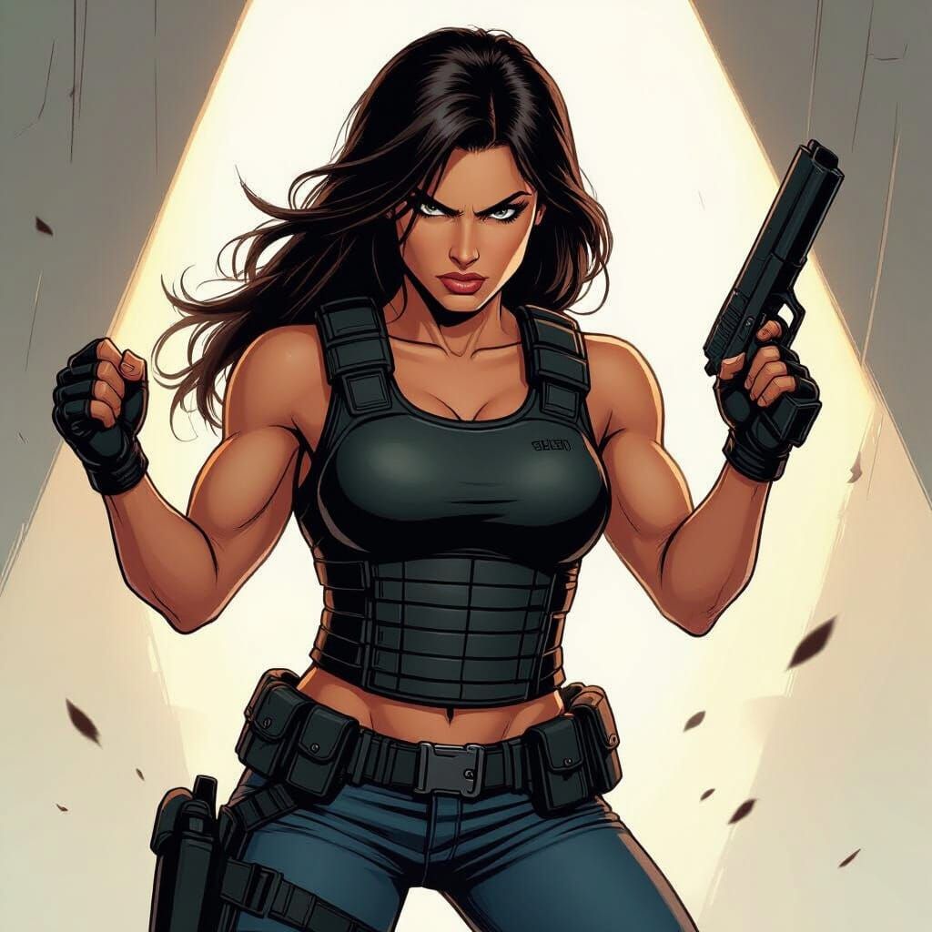 Buff Woman Armed in Bulletproof Vest Comic Style