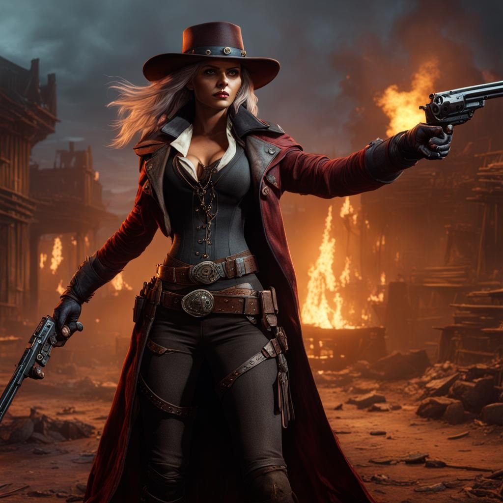Scarred Gunslinger Confronts Undead Husband: Fantasy Art