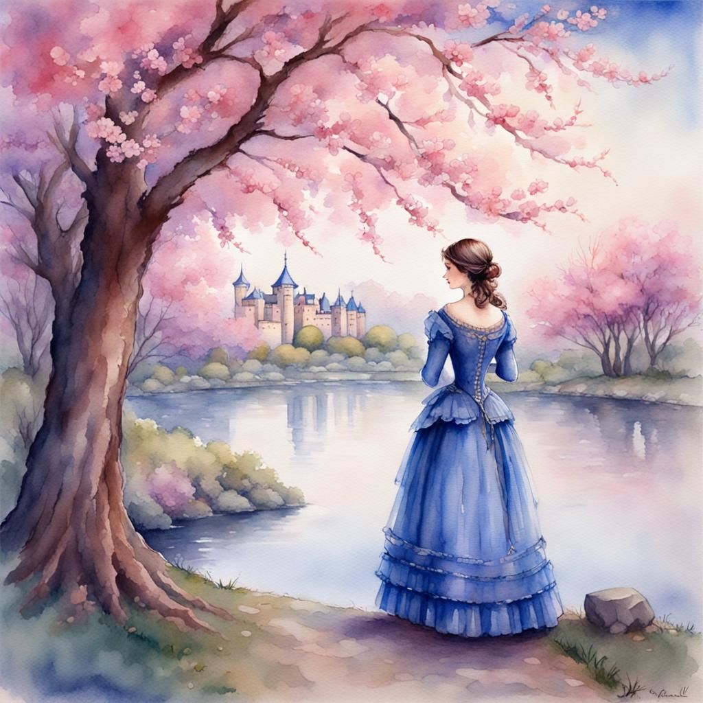 Victorian Woman Under Cherry Tree: Watercolor Painting