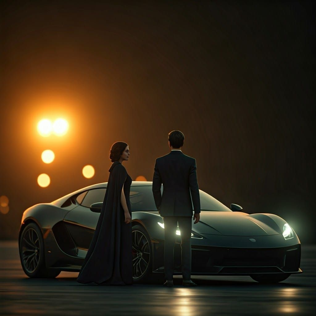 Woman and Man in Cityscape at Dusk