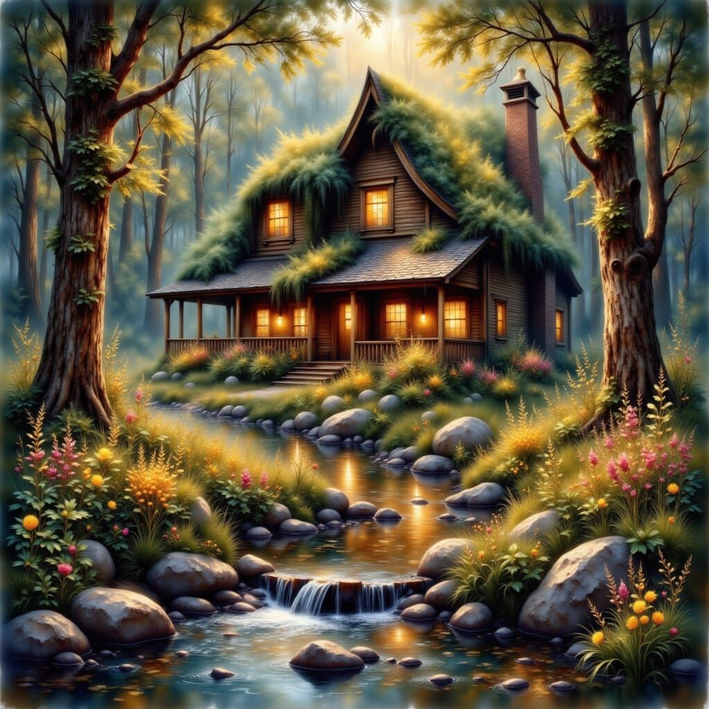 Enchanted Forest Cabin as Impressionist Painting