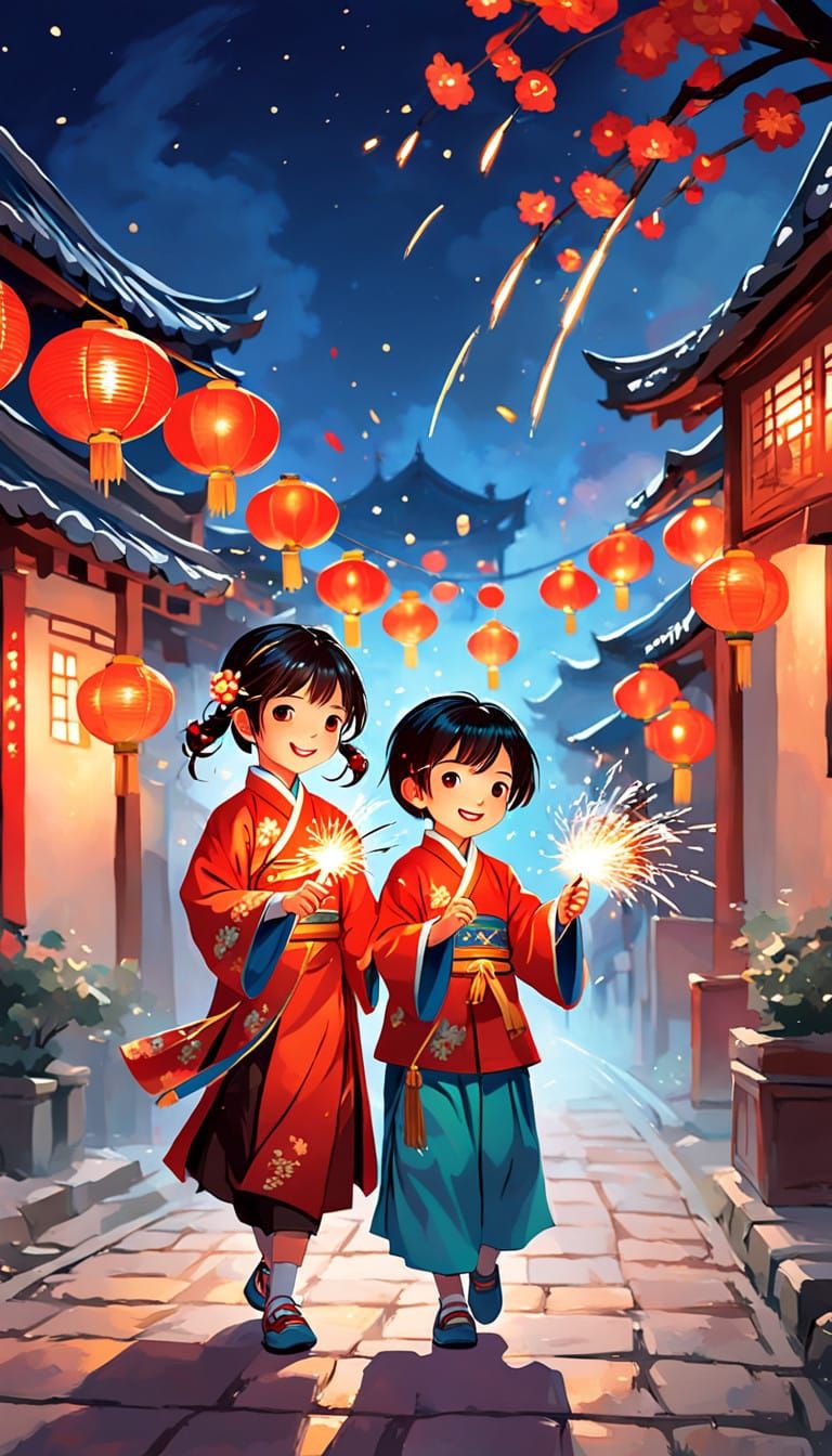 Vibrant Lunar New Year Celebration in Impressionist Style