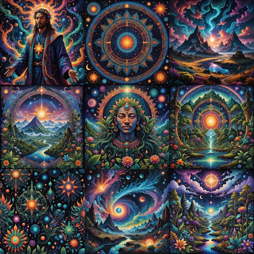 Surreal Cosmic Dreamscapes in Vibrant Holographic Style