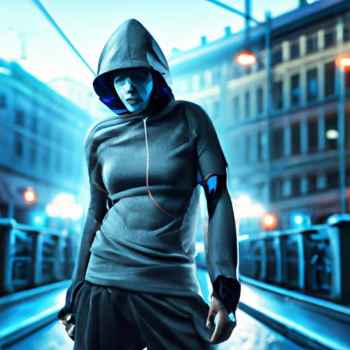 Cyberpunk Cyborg Teen in Cityscape