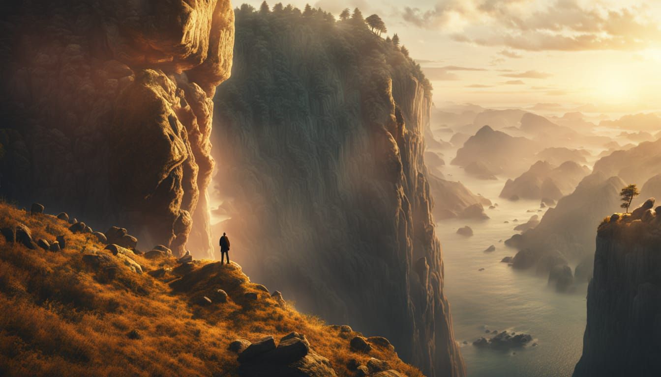Figure at Cliff Edge in Golden Hour Lighting