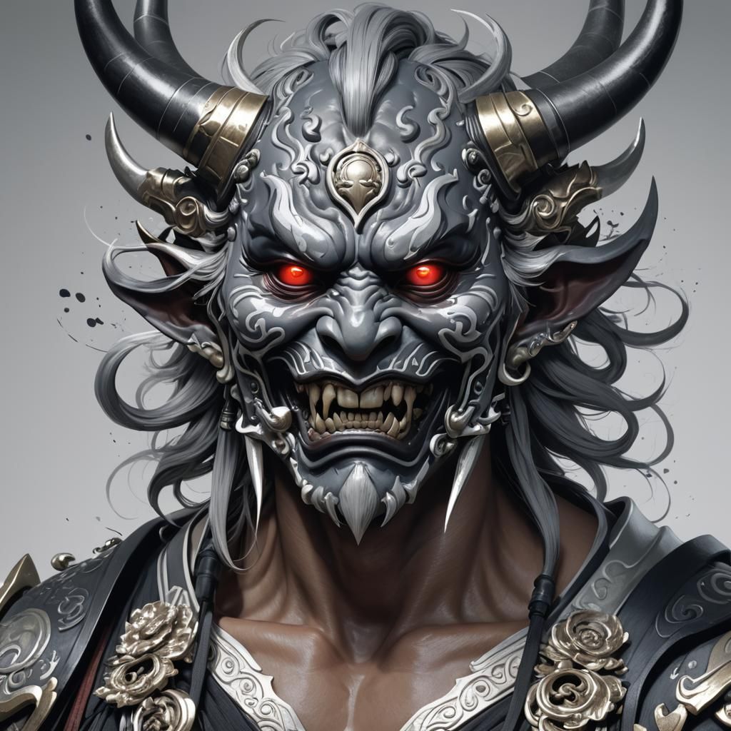 Detailed Oni Mask Portrait in Silver, Black and White