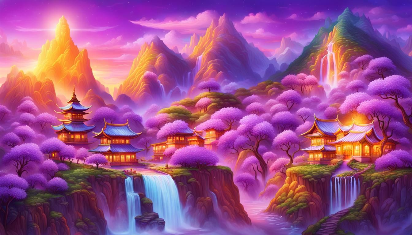 Cosmic Village Panorama in Vibrant Astral Style