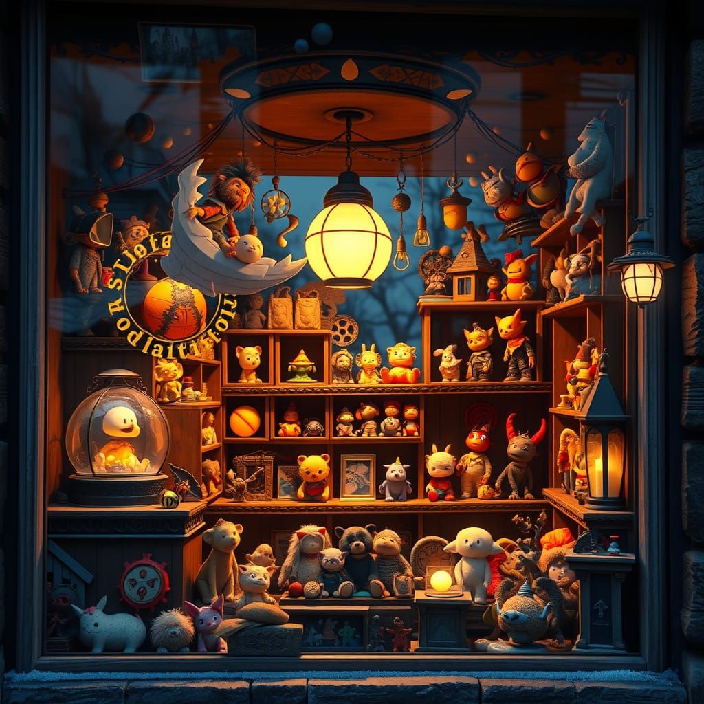 Enchanted Toy Shop Window Display in Whimsical Style