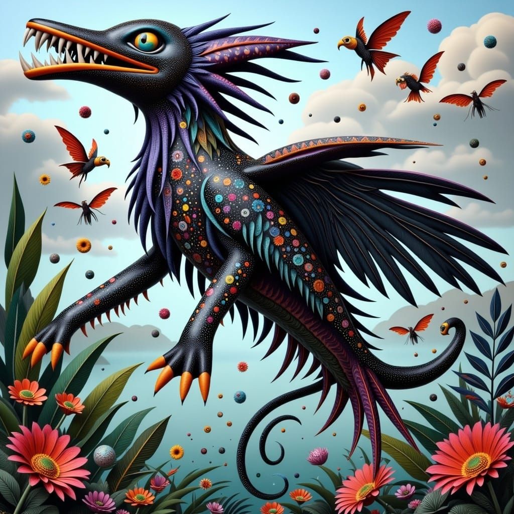 Whimsical Alebrije Creature in Tropical Paradise