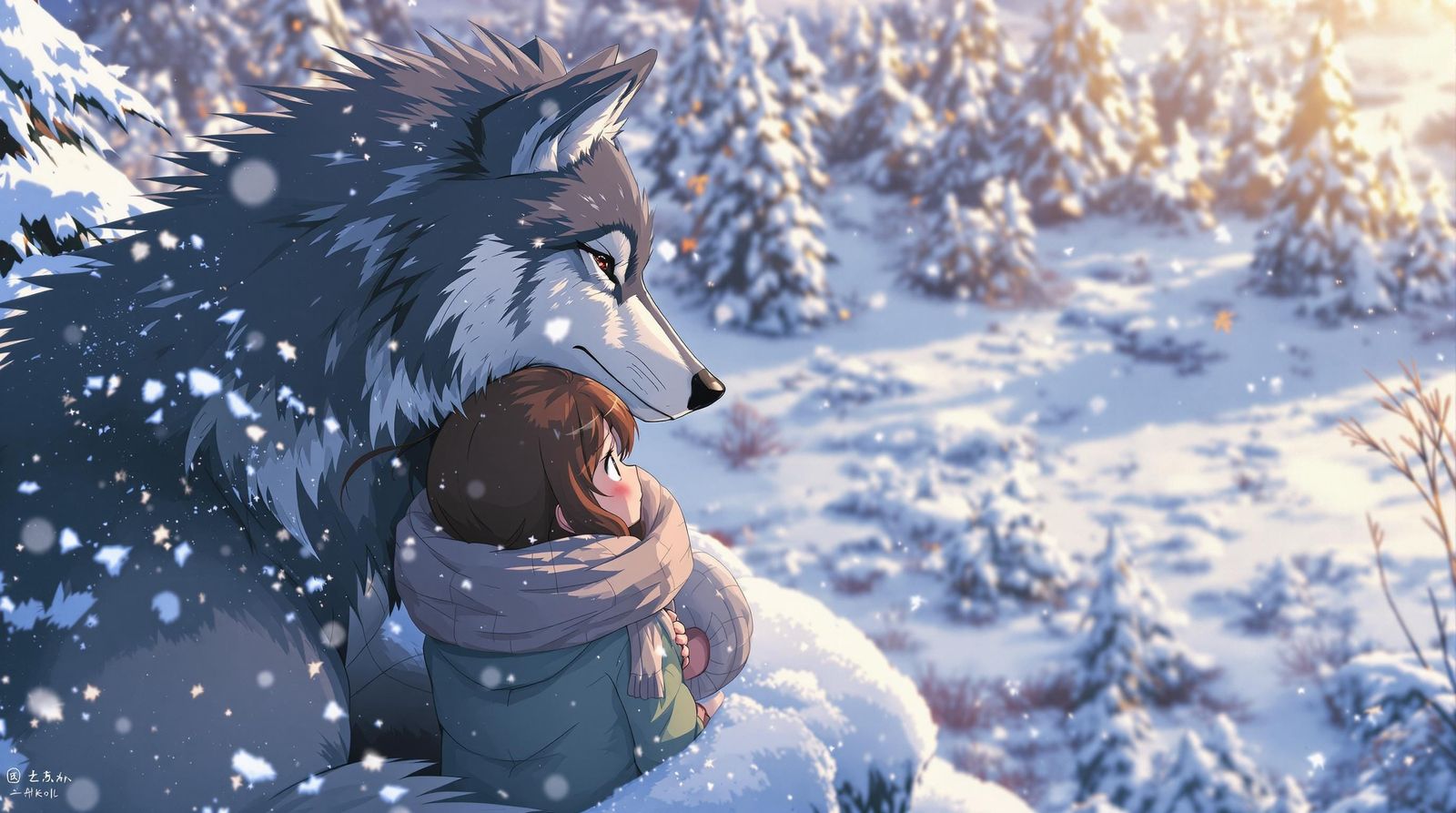 Surreal Whimsical Scene of Wolf and Girl Hugging in Snowy Wo...