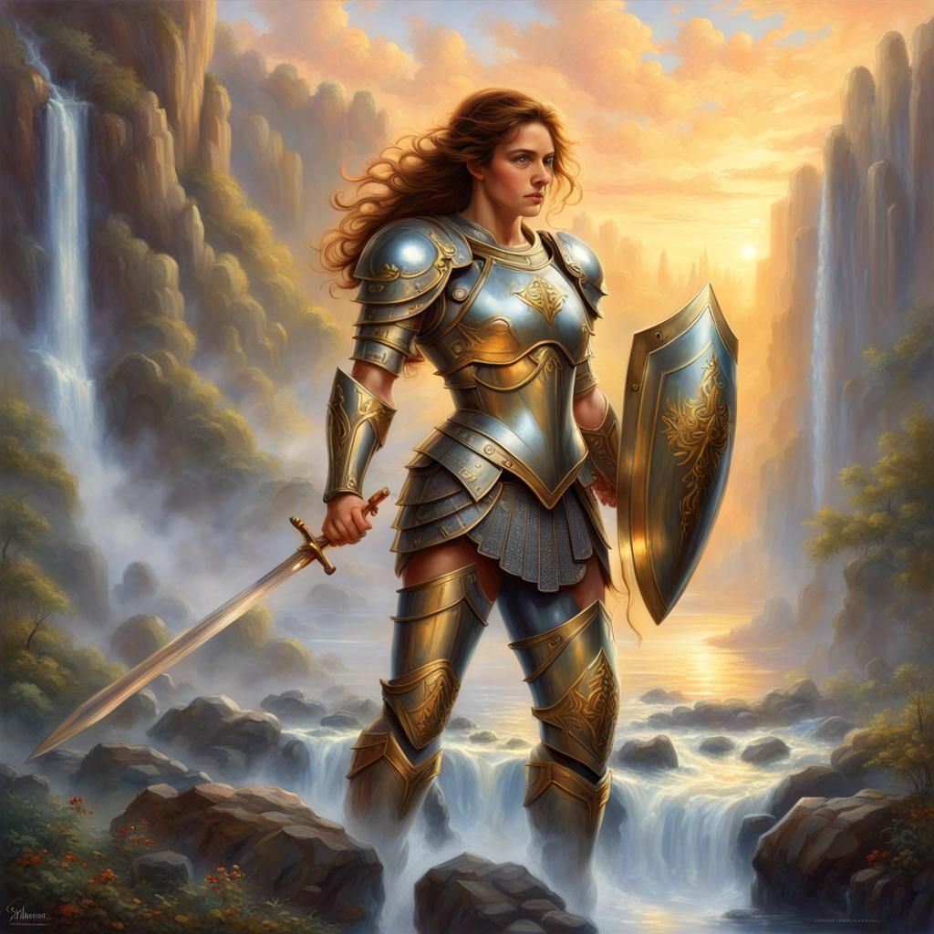Armored Woman in Golden Hour Waterfall Scene