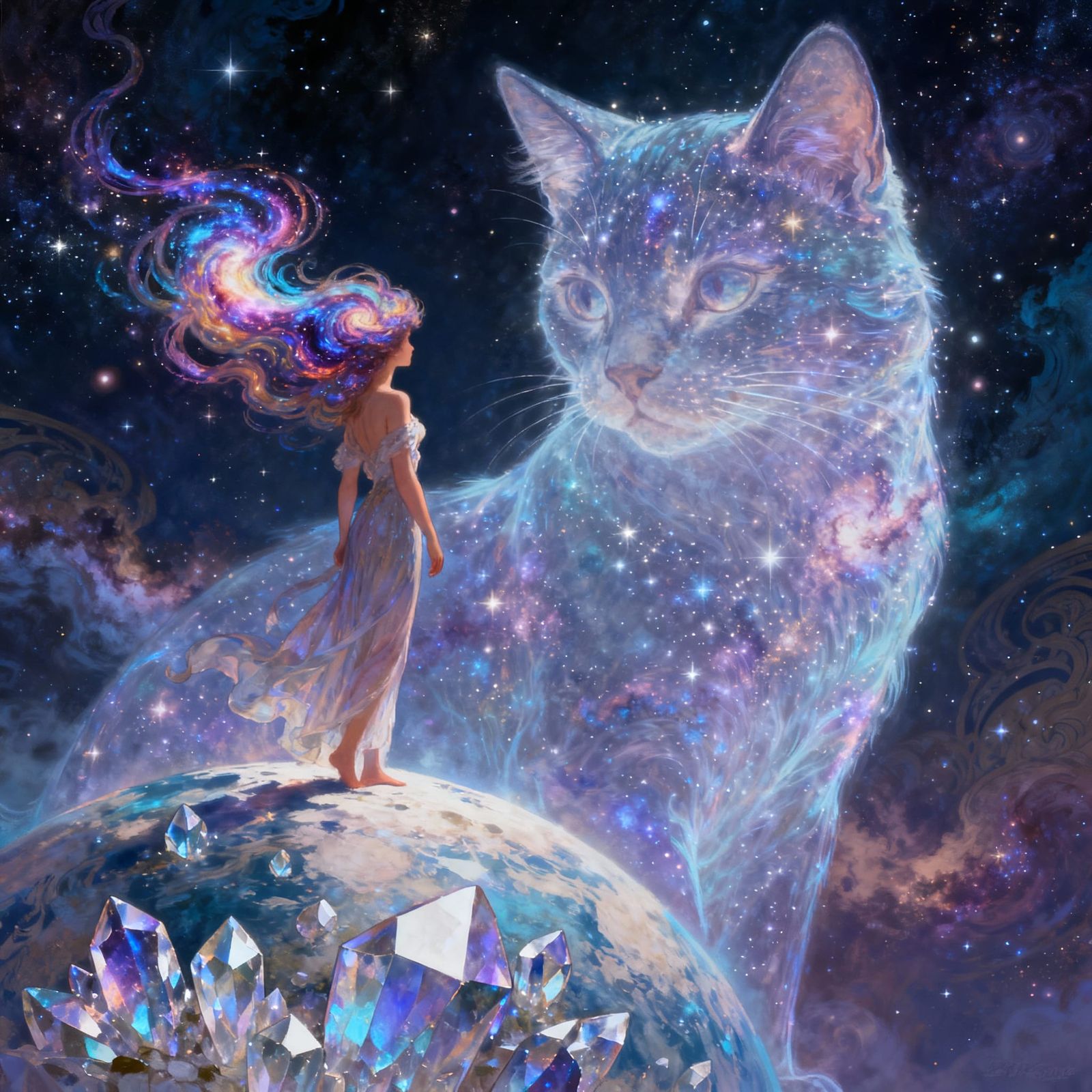 Cosmic Fantasy Art: Woman Meets Stardust Cat Deity