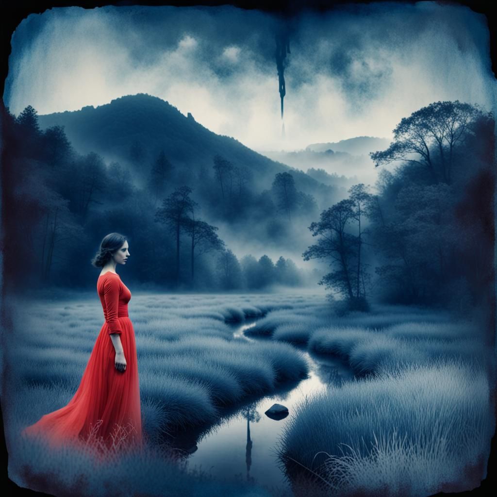 Ethereal Cyanotype Landscape with Lady in Red