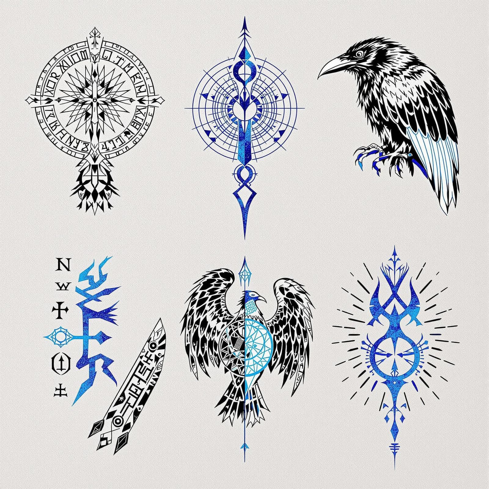 Norse Raven Tattoo Designs in Bold Black and Blue