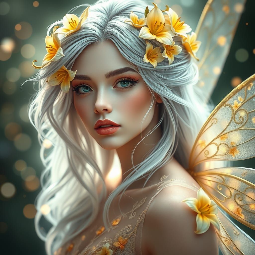 Ethereal Fairy in Golden Lilies and Ethereal Glow