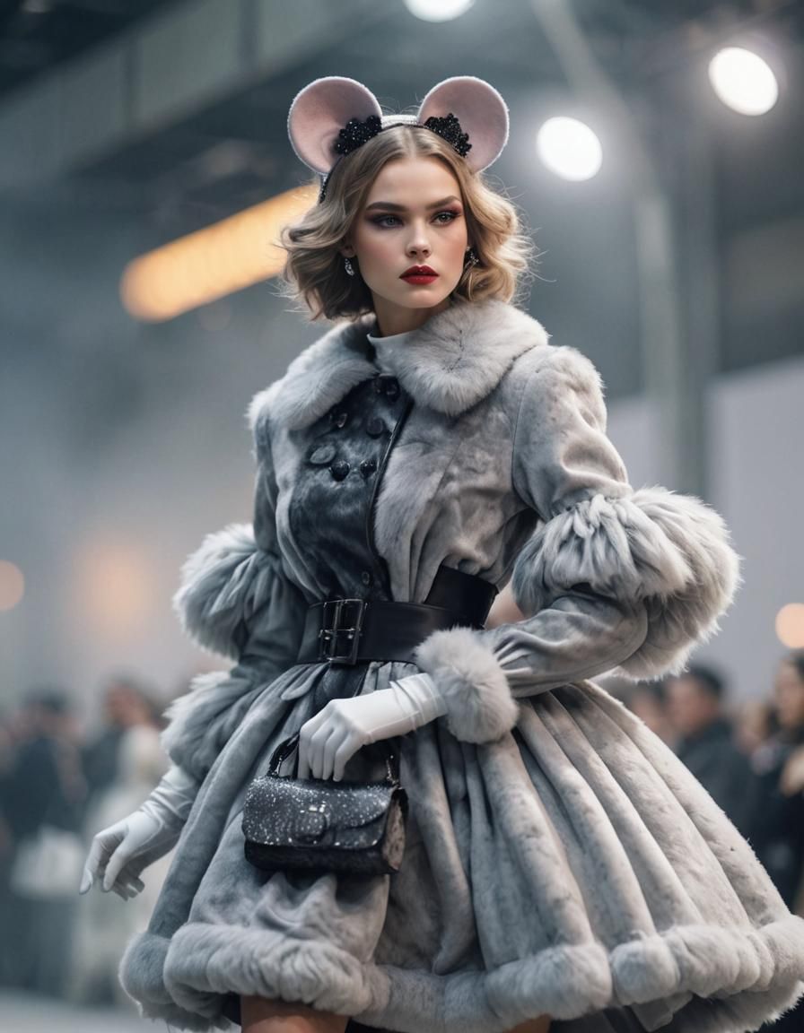 Elegant Fashion Model in Soft Grey Vintage Mouse Outfit
