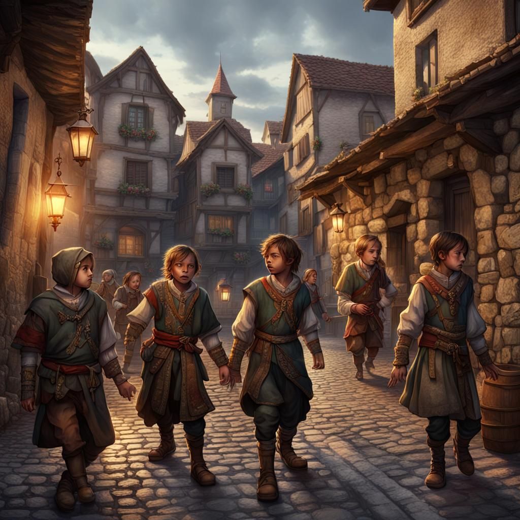 Renaissance Children Play in City Street: Dark Fantasy Art