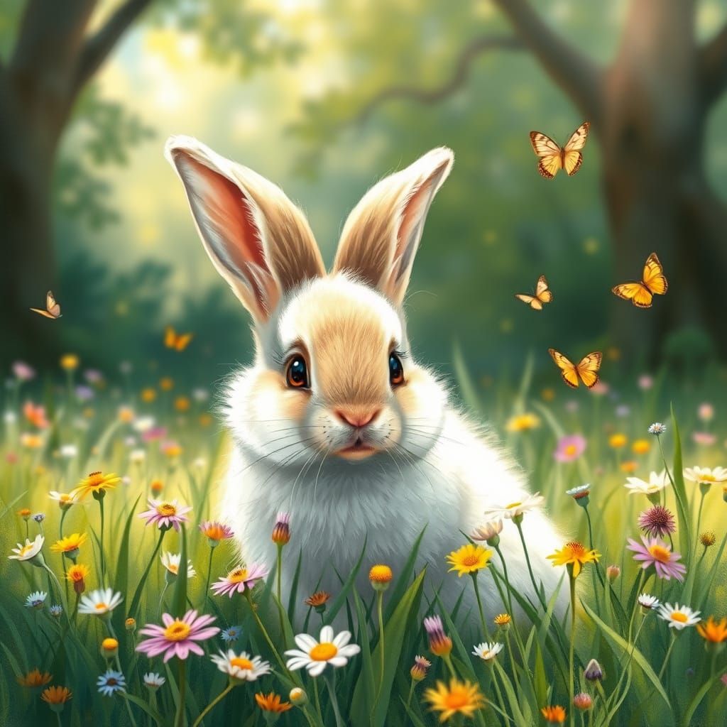 Fluffy Bunny in Wildflower Meadow, Illustration