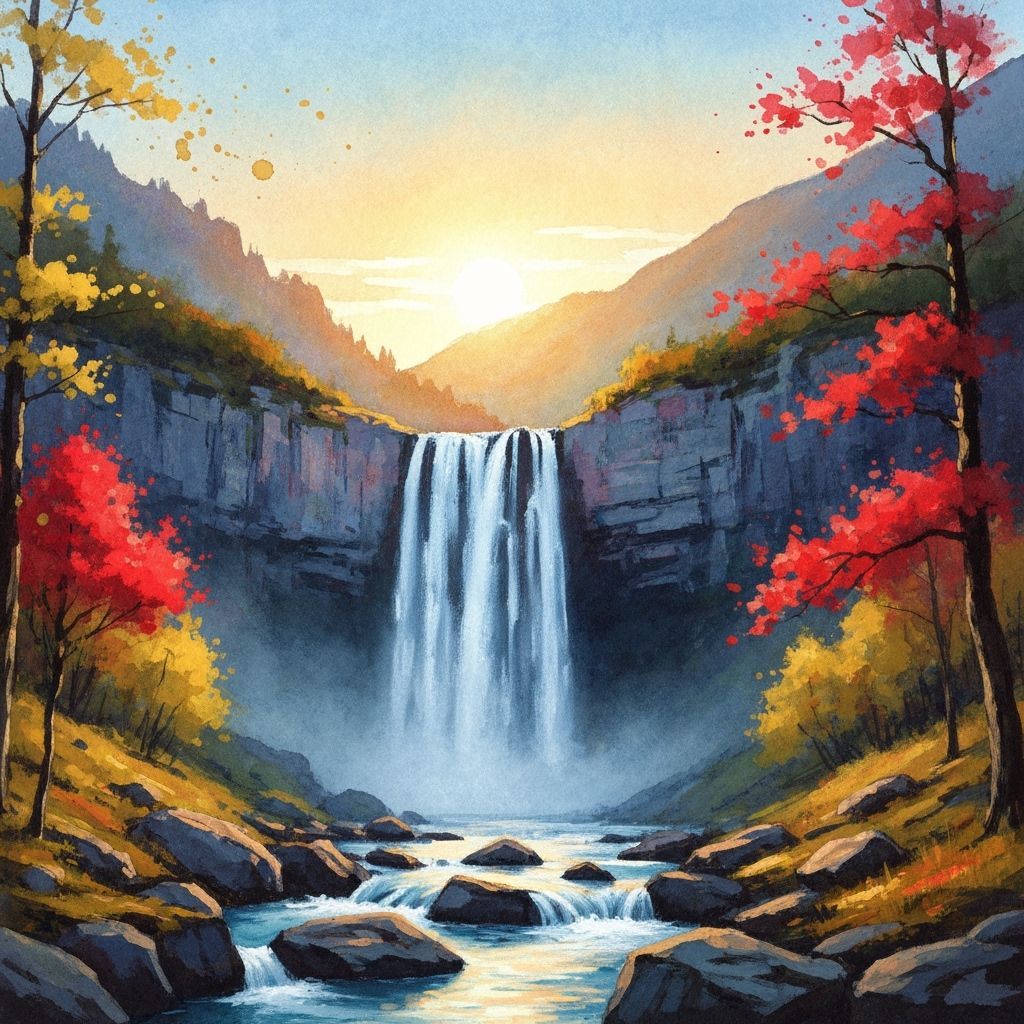 Autumnal Mountain Waterfall in Impressionistic Style