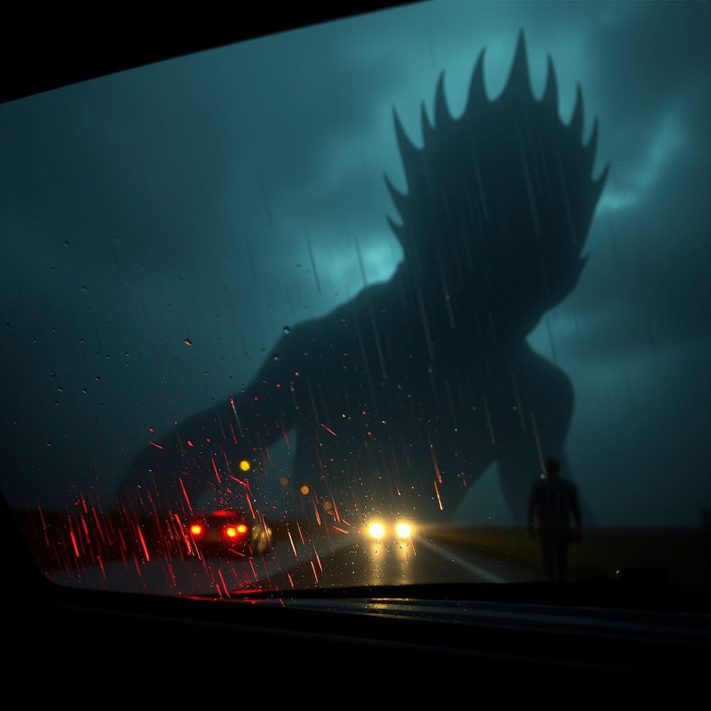 Stormy Nighttime Road Under Dark, Ominous Skies