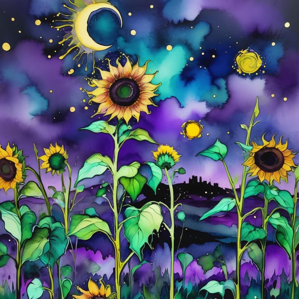 Alcohol ink of a lush Purple sunflower field under a moonlit...