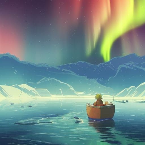 Norwegian Fjord in Anime Style with Northern Lights