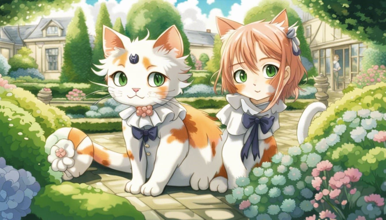 Calico Cat in Anime Garden with Topiary Art