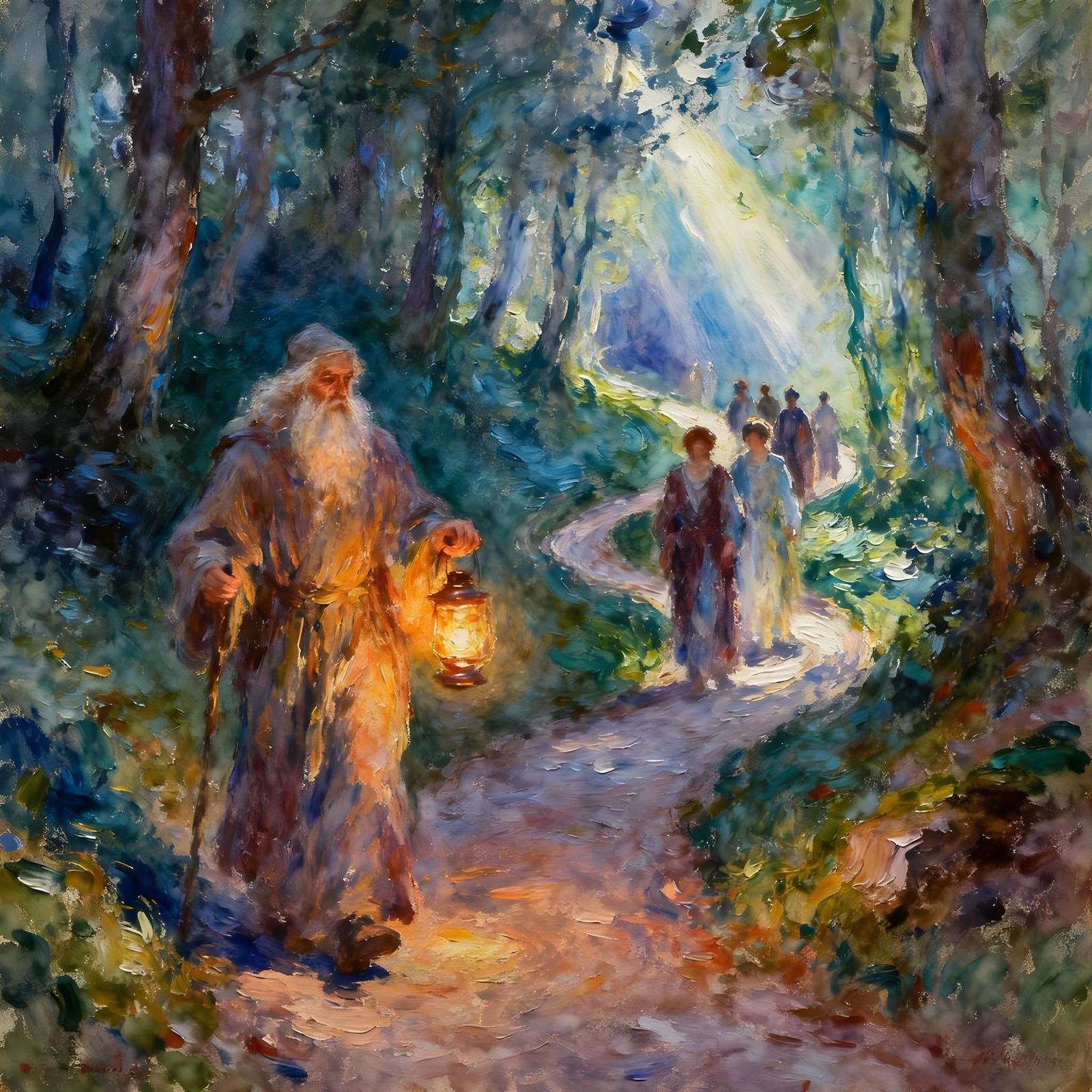 Wise Hermit Guides Followers Through Ethereal Forest Path