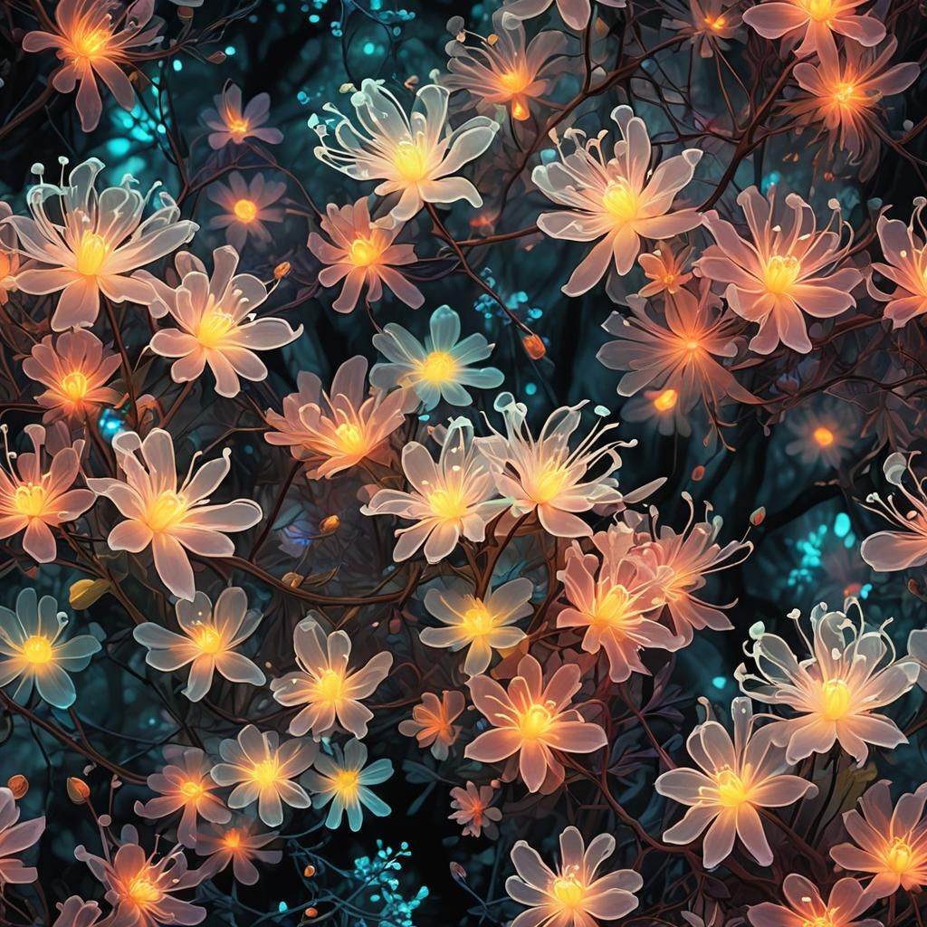 Ethereal Bioluminescent Flowers in a Misty Forest