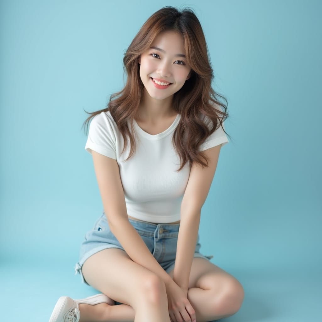 Realistic Korean Portrait of Young Woman with Wavy Hair