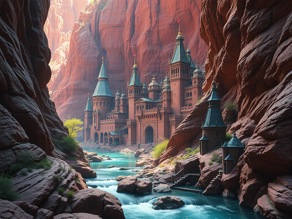 Fantasy City in Red Canyon with Magic Light
