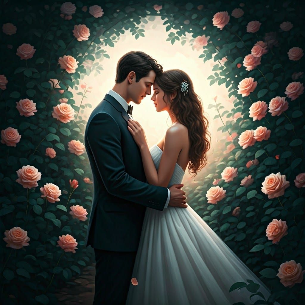 Romantic Couple in Enchanting Rose Garden Under Full Moon