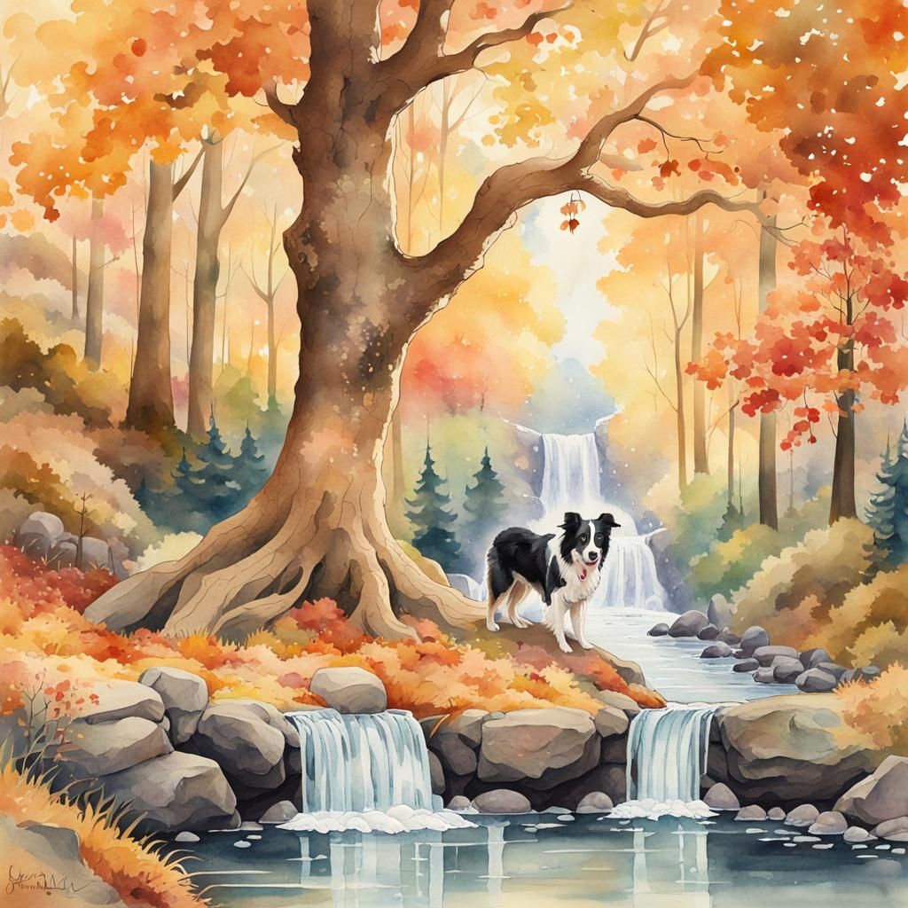 Autumnal Forest Scene with Dog in Watercolour Style