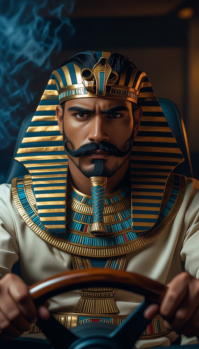 Gamer in Egyptian Attire with Steering Wheel, Cinematic Styl...