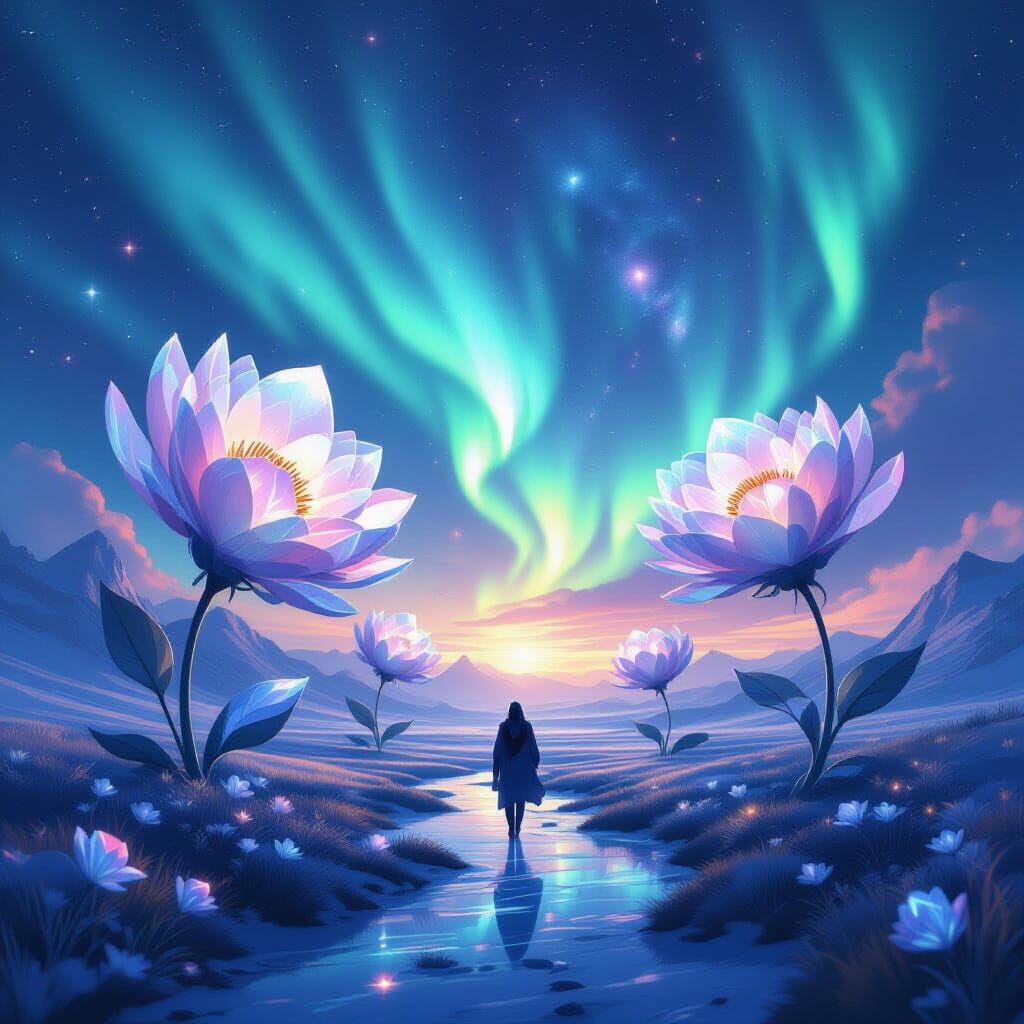 Surreal Crystal Flowers Under Aurora and Galaxy Sky