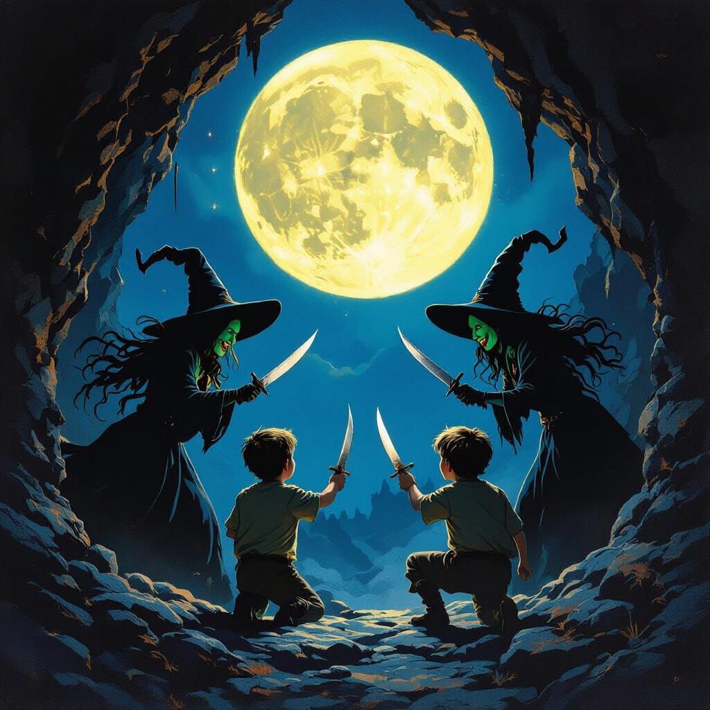 Witches Threaten Boys in Moonlit Cave