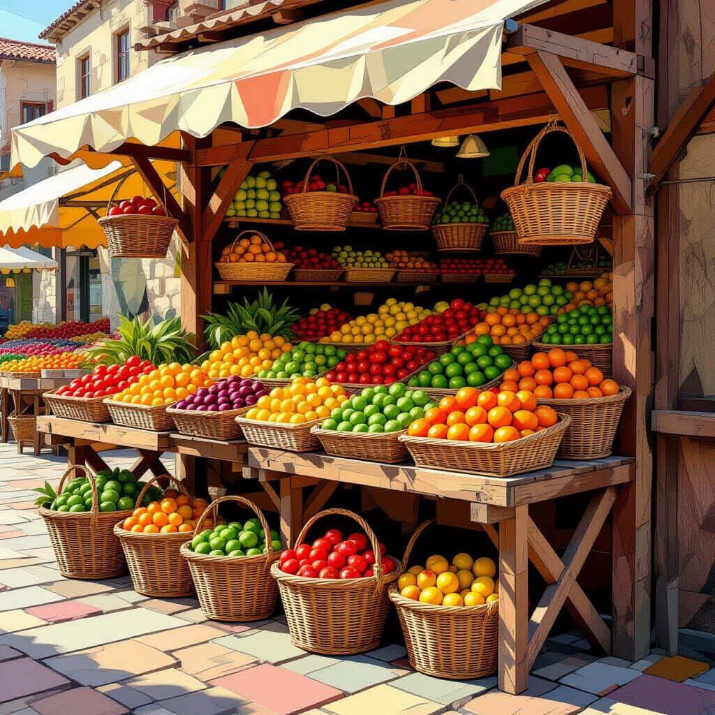 Photorealistic Cubist Market Stand Still Life