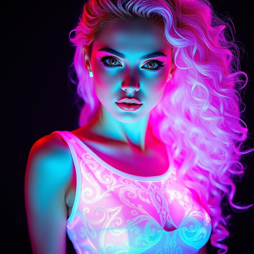 Glowing Woman under Blacklight with Neon Eyes and Hair