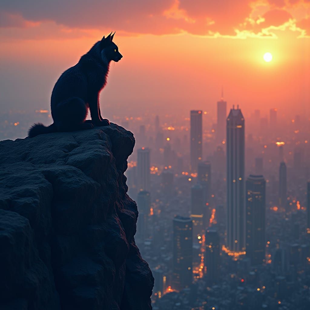Lynx Gazing Over Metropolis at Sunset: Matte Painting