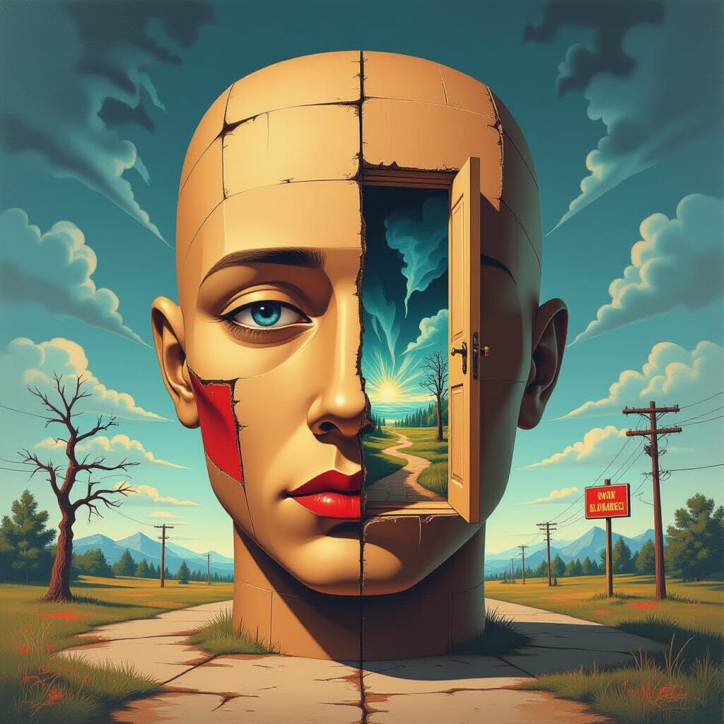 Surreal Cardboard Head Portal with Landscape Inside