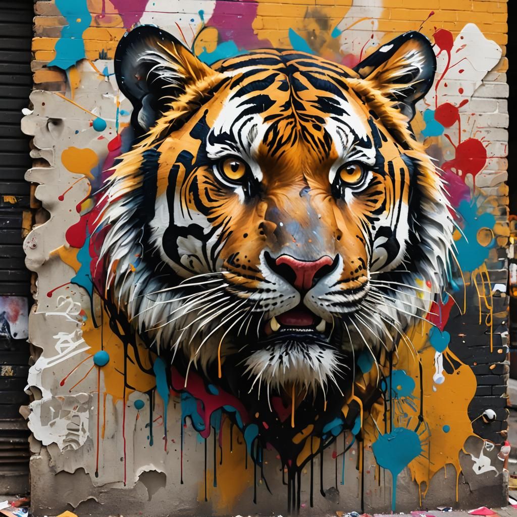 Tiger Street Art in Abstract Expressionist Style