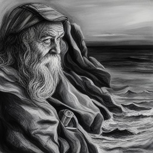 Hyperdetailed Charcoal Drawing: The Old Man and the Sea