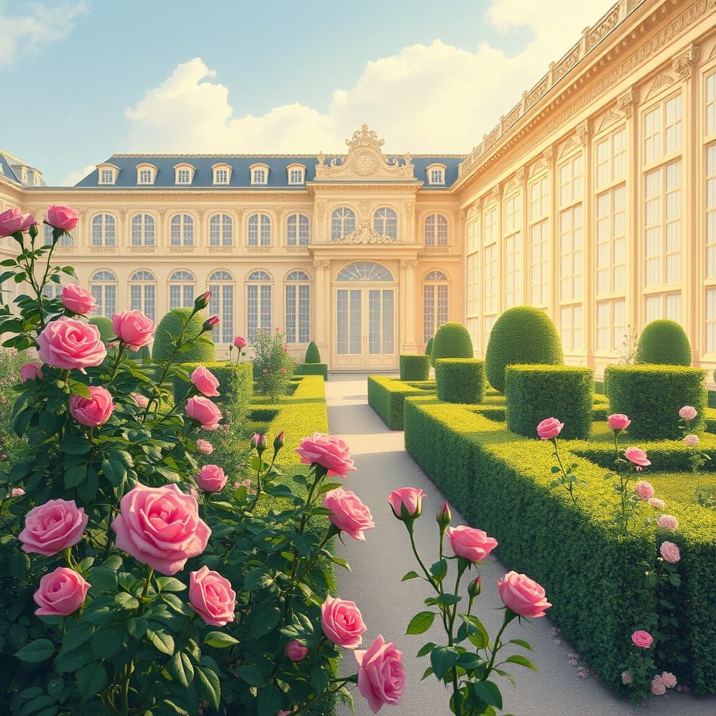 Japanese Versailles Garden Scene in Soft Pastel Hues